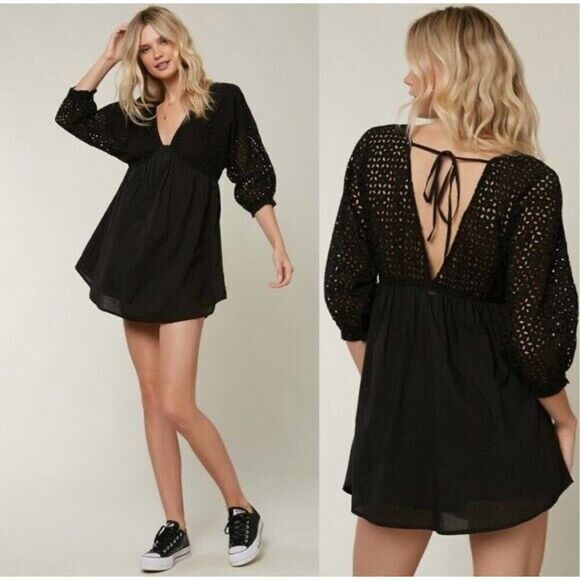 O’Neill Black Cotton Bodhi Eyelet Lace Boho Mini Dress Size Small - Picture 1 of 13